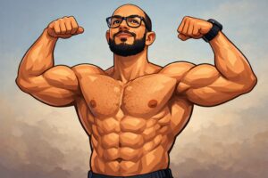 رسم توضيحي لرجل رياضي يستعرض عضلات الذراعين والبطن