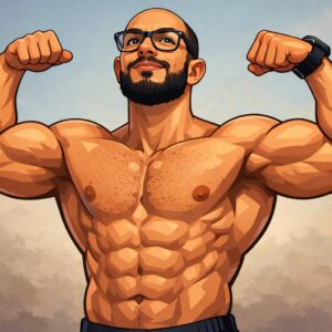 رسم توضيحي لرجل رياضي يستعرض عضلات الذراعين والبطن