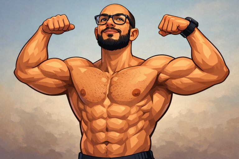 رسم توضيحي لرجل رياضي يستعرض عضلات الذراعين والبطن